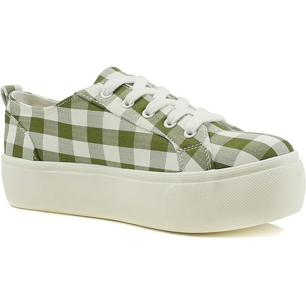 Women Platform Lace up Sneakers Green Gingham Double Sole Casual Shoes Size 5.5